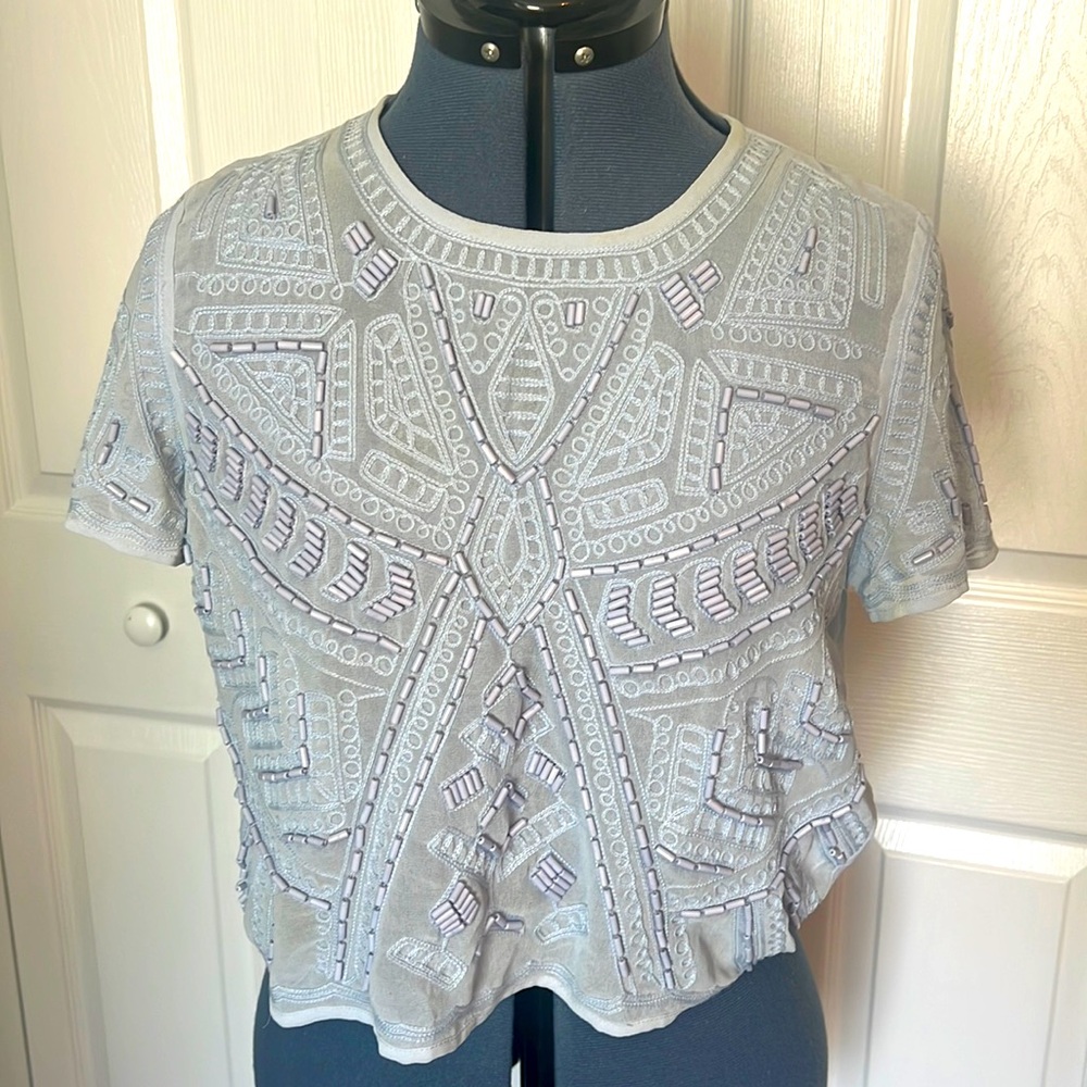 Blue Periwinkle Cropped sheer Beaded Top